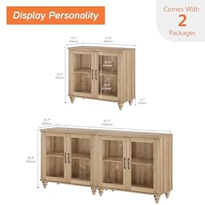 WAMAPT Sideboard Buffet Cabinets with 4 Glass Door Kitchen Storage Cabinets Wood Coffee Bar Tables with Adjustable Shelf Accent Sideboard Storage Cabinet Table Dining Room Living RoomOak 68 inch