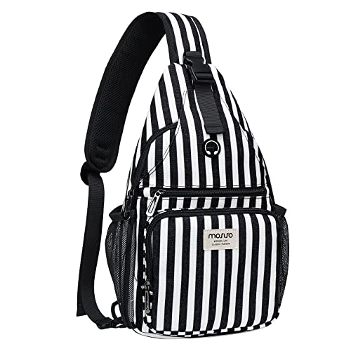MOSISO Crossbody Sling Backpack Hiking Daypack, Vertical Stripe Sling Bag with Front Raised Pocket Travel One Shoulder Chest Bag, Black