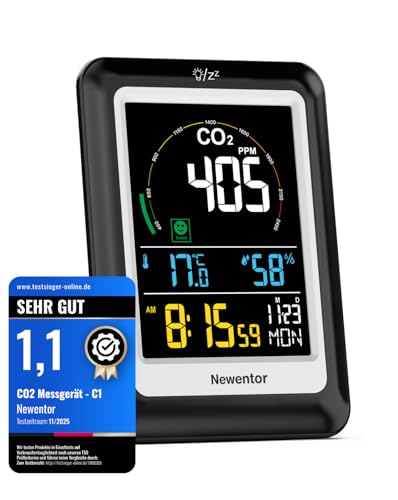 Newentor CO2 Messgerät, 4 CO2-Konzentrationsstufen mit Alarm und Lüftungsempfehlungen, Batteriebetrieb & USB-Anschluss mit 3 Helligkeitsstufen, für Schulen, Büro, Wohnzimmer, NDIR, Schwarz, 1er Pack Newentor CO2 Messgerät, 4 CO2-Konzentrationsstufen mit Alarm und Lüftungsempfehlungen, Batteriebetrieb & USB-Anschluss mit 3 Helligkeitsstufen, für Schulen, Büro, Wohnzimmer, NDIR, Schwarz, 1er Pack