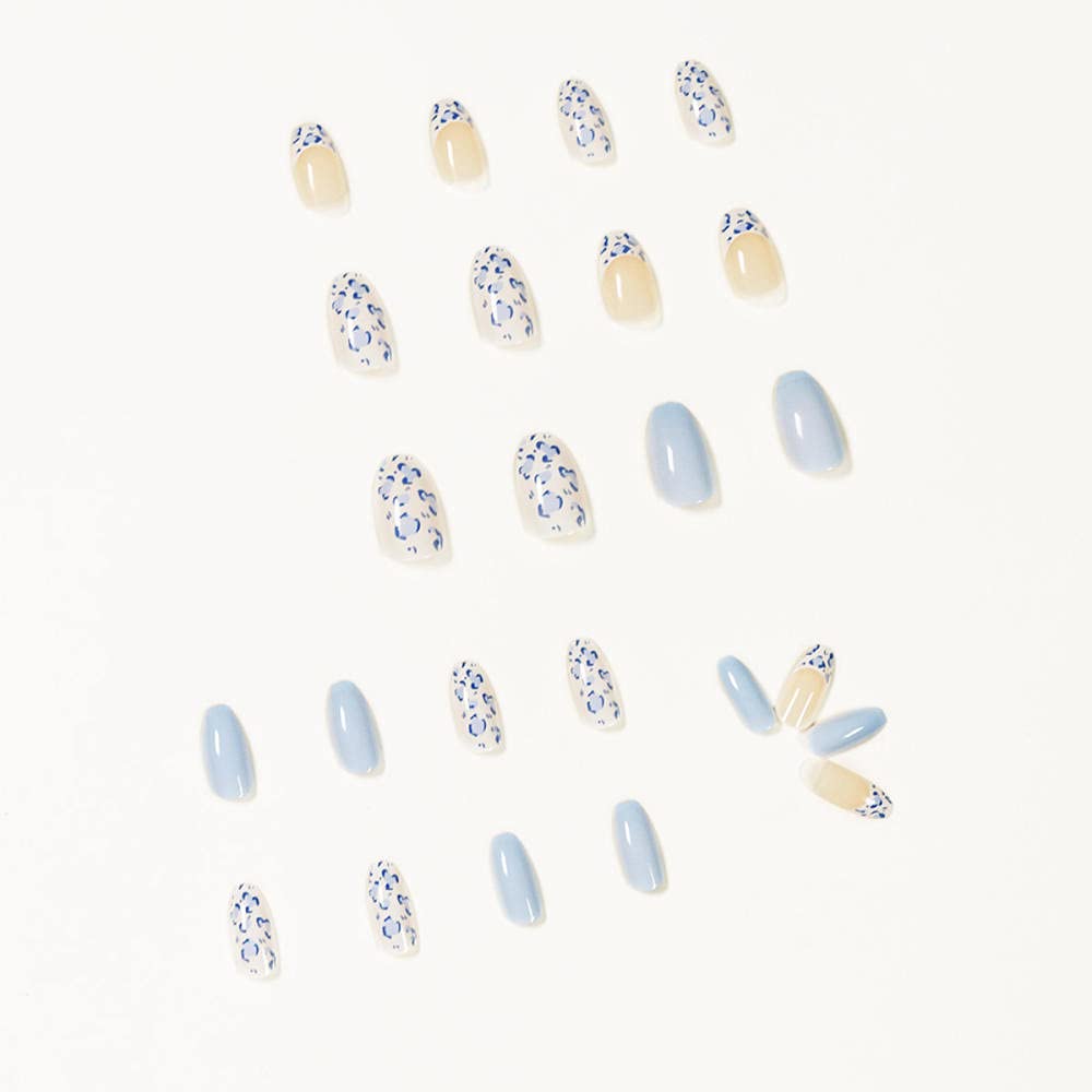 GeRRiT False Nails 24pcs False Nail Blue Sky White Leopard Pattern Design Press On Nail French Coffin Full Cover Fake Nails DIY Manicure Tools