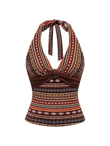Milumia Women's Boho Printed Deep V Neck Halter Top Vintage