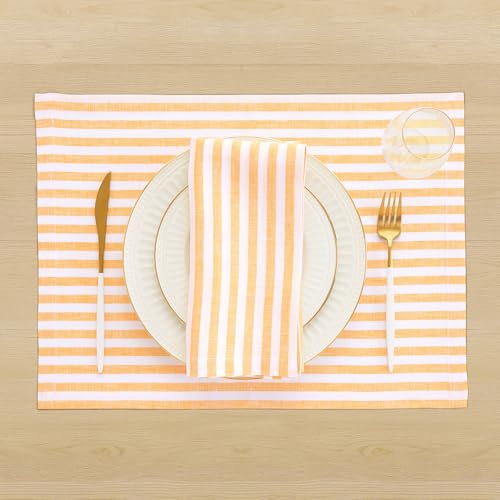Image of Solino Home 100% Pure Linen Napkins, 20 x 20 in, Mustard Striped, Set of 4 | Amalfi Stripe, soft napkins for daily meals and celebrations, woven stripe, European flax fibres, fine, OEKO-TEX Certified