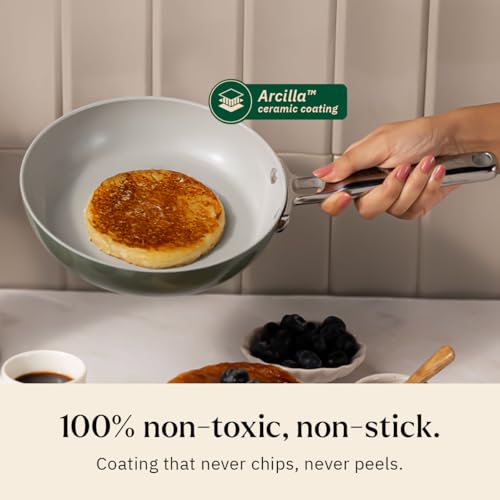 Image of Ember Cookware Arcilla Ceramic Frying Pan 20 cm with Glass Lid | 75% Less Oil Usage | Non-Toxic Non-Stick Pan for Cooking | PFAS & PFOA Free | Steel Handle- Induction Cookware | Egg Pan | Green