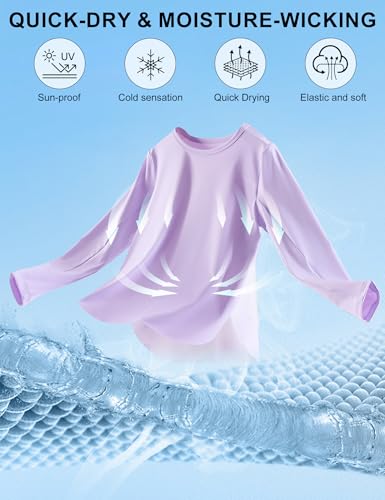 Image of Venzina Girls' Long Sleeve Workout Top with Thumbholes Quick-Dry 4-Way Stretch Moisture Wicking Shirt for Yoga, Dance, Gymnastics(Age 6-10)