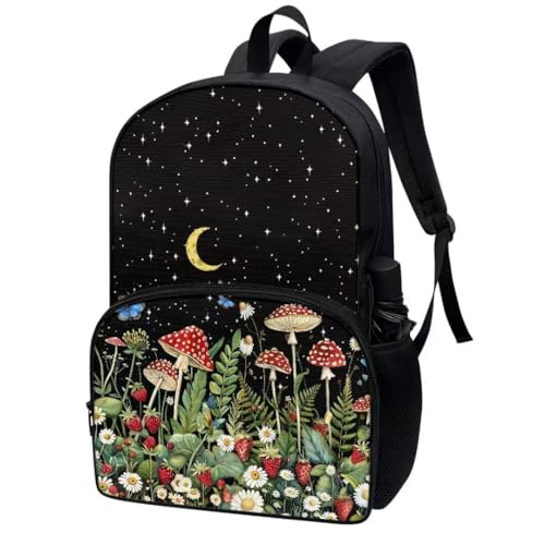 Pinupub Mushroom Strawberry Print Backpack For Boys Girls Breathable Soft 17 Inch Elementary School Bag With Front Pocket2