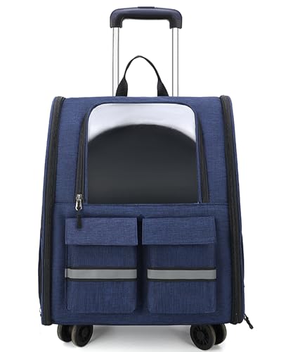 Kommodum – Trasportino Gatto con Ruote, Trasportino da Viaggio per Cane, Zaino Trolley Porta Animali, Borsa Traspirante con Carrello Pieghevole Portatile, per Cani Piccoli Gatti Medi (BLU)