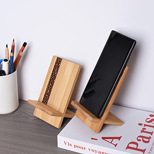 Mobile Stand Japanese Style Cellphone Holder Desktop Organizer Charging Station Compatible With All Smartphones Tablets Natural Bamboo Wood Portable Adjustable Angle (Pattern) #TOP3