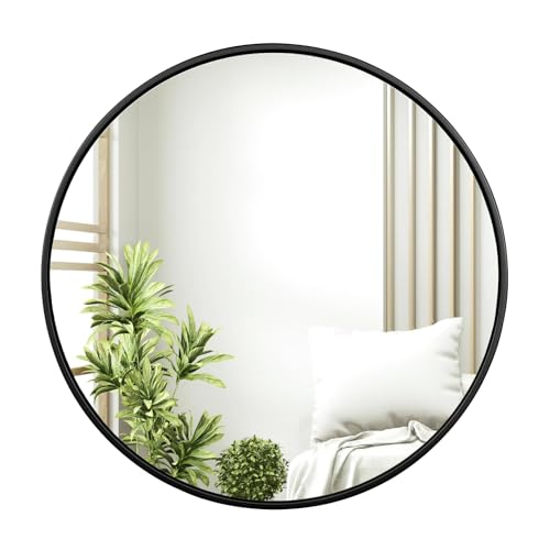WOLTU Espejo Pared, Espejo Baño, Espejo Decorativo de Baño o Tocador con Marco Metálico Negro, Cristal HD sin Distorsión, Estilo Moderno para Dormitorio, Entrada o Salón, 71cm