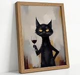 Framed Funny Black Cat Drinking Red Wine Canvas Wall Art Trendy Black Cat Animal Picture Wall Decor Whimsical Feline Poster Print Painting for Living Room Bedroom Bar Artwork Home Decoration