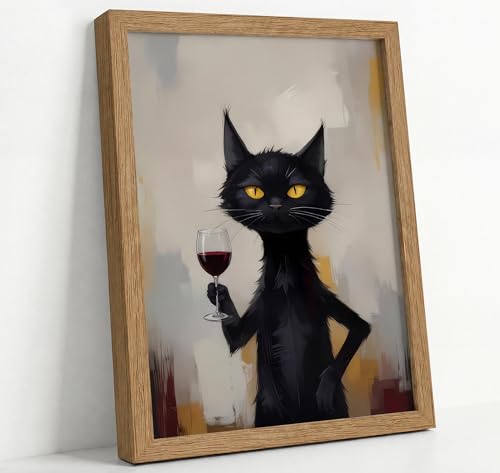 Framed Funny Black Cat Drinking Red Wine Canvas Wall Art Trendy Black Cat Animal Picture Wall Decor Whimsical Feline Poster Print Painting for Living Room Bedroom Bar Artwork Home Decoration