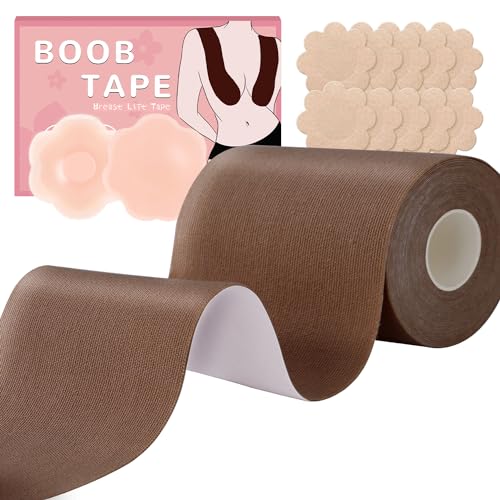 BEWTEIM Large Breast Tape for Heavy Breast, Plus Size Boob Tape 4 inch, Boobytape for Breast Lift Big Breast w Petals and Pasties Light Brown