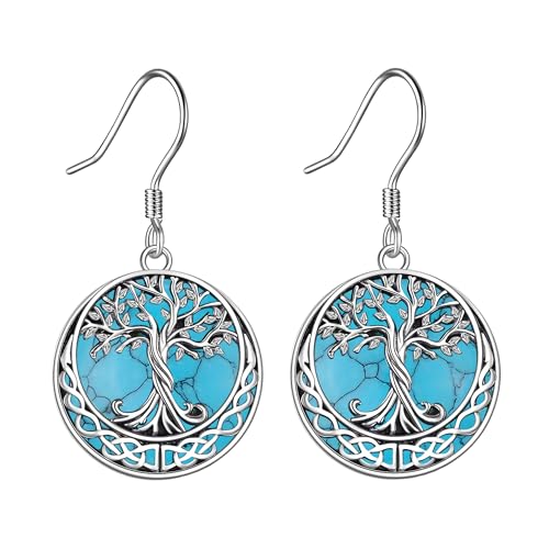 Boucles d'oreilles arbre de vie argent noeud celtique turquoise pour femme