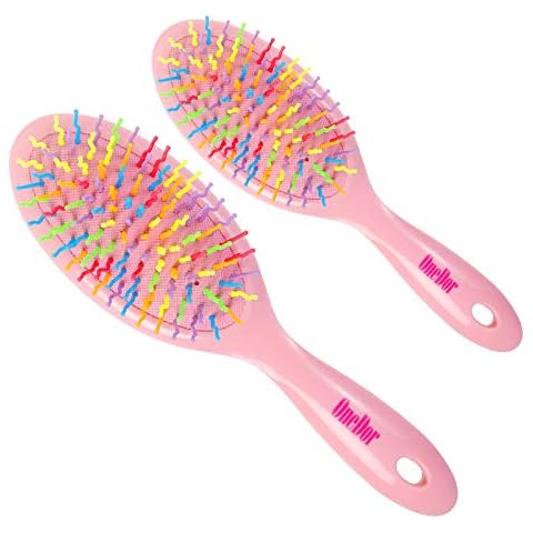 OneDor Rainbow S-Curve Ball tipped Air Volume Paddle Hair Brush with Flexible Cushion Base for Hair | Detangling Comb (2 Set - Pink) Cover