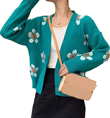 Women Knitted Sweaters Cardigans Floral V Neck Long Sleeve Girls Sweet Vintage Casual Coat Y2k Jumper (Color : Green, Size : F)