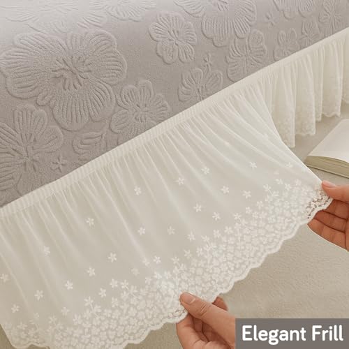 Image of HOKIPO 'Floravelle' 200gsm Knitting Jacquard Elastic 3 Seater Sofa Cover with Frill, Pastel Grey (AR-6031-LGRY)