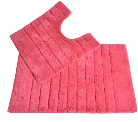 Allure Ribbed Design 2 Piece Bath and Pedestal Toilet Mat Set, 100% Cotton (Cranberry)