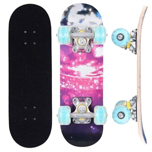 ERNAN Skateboard,Monopatín Completo Profesional de 17 x 5 Pulgadas,7 Capas Monopatín de Madera de Arce con Rodamiento ABEC-7 para Niño Niña (Pink Nebula)