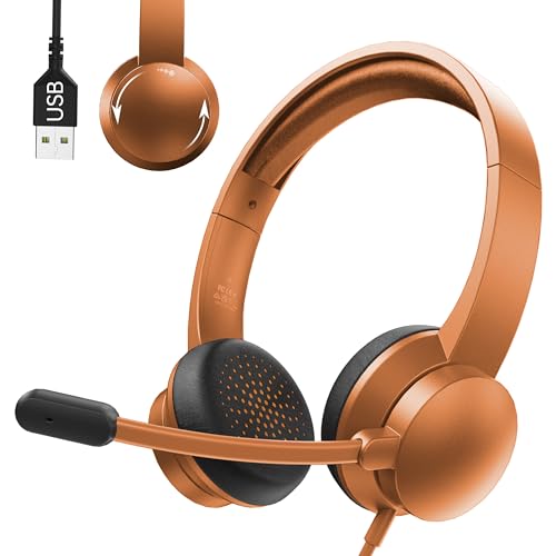 USB Headset with Microphone for PC, Wired Headphones with Mic USB Headsets with Noise Cancelling Microphone, Computer Headset with Microphone for Home Office Online Class Teams Skype（Rose Pink）