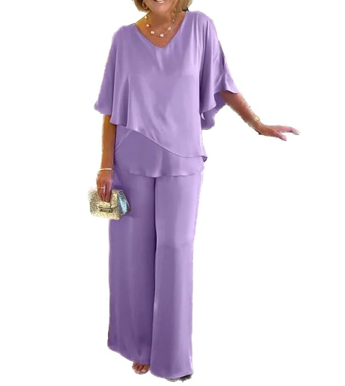 Womens Dressy Chiffon 2 Piece Pant Suits V Neck Short Half Sleeve Irregular Tops Wide Leg Pantsuits for Wedding Guest