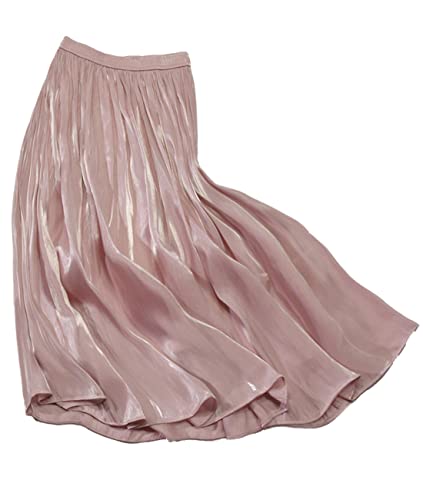 Femiserah Women's Silky Lustrous Elastic Waist Pleated Accordion Midi Long Skirts