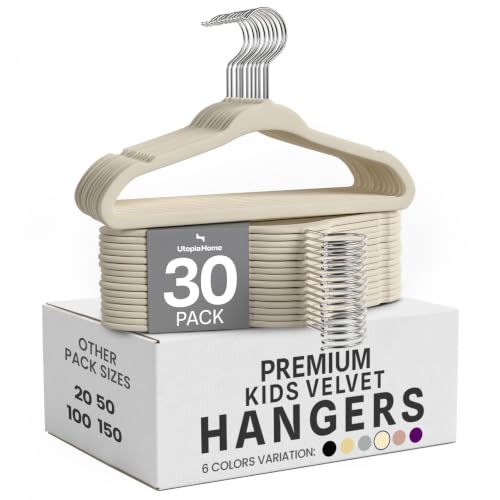 Utopia Home Lot de 30 cintres en Velours pour Enfants – Cintres durables de 28 cm pour Placard – Cintres Parfaits pour Un Usage Quotidien - Ivoire