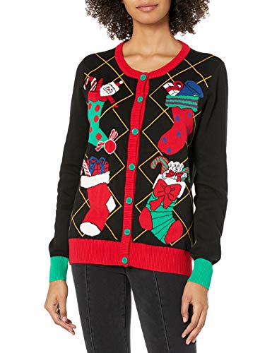 Ugly Christmas Sweater Company Women's Assorted Xmas Cardigan Sweaters, Black Xmas Stockings Cardigan, Medium