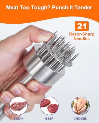Brigii Meat Tenderizer Tool, 304 Stainless Steel, with 21 Needles & Retractable Safety Guard, for Tenderizing Beef, Turkey, Chicken, Steak, Dishwasher Safe