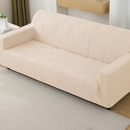 Image of HOKIPO 200 GSM Premium Knitting Jacquard Sofa Cover 4 Seater Fully Covered, 'Nestiva Series' Skimmed Cream (NEW-AR-5310-CRM)