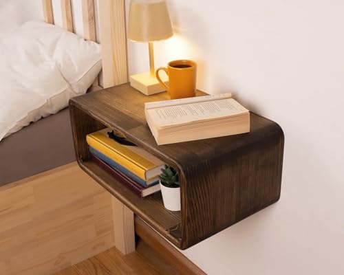 Image of UHUD CRAFTS Floating Wooden Bedside Shelf, Wall Mounted Nightstand, Bedside Table, Nightstand Shelf, Handmade, Floating Wooden Wall Shelf for Storage, 2- Tier Solid Wood Shelf - Dark Burnt