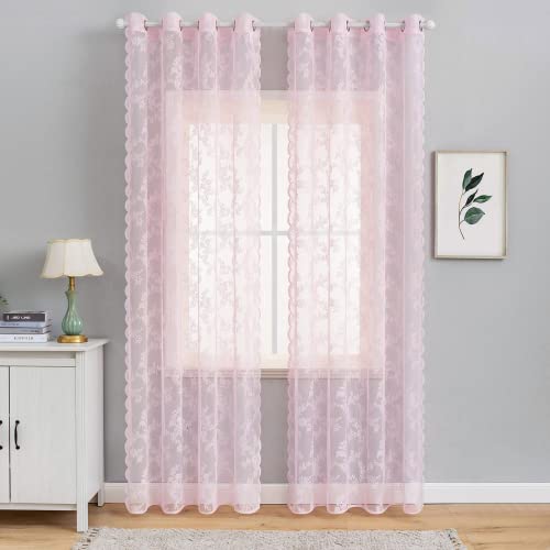 MIULEE 2 Panels Curtains Sheer Lace Curtain Panel Lace Embroidered Sheer Flora Design Grommet Window Voile Panels Drape Treatment Home for Bedroom Living Room 150 x 245 cm 59" W x 96" L Pink - Image 2