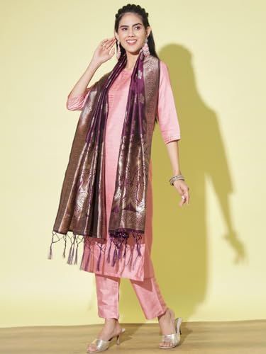 Image of VredeVogel Women's Cotton Silk Blend Straight Kurta Trouser With Dupatta Set