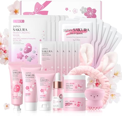LAIKOU Sakura Skincare Set for Girls 23pcs Travel-Friendly Daily Facial Skincare Routine Hydrating Face Care Kit with Cleanser Serum Cream Peel-Off Mud Sleeping Mask Facial Brush & Headband