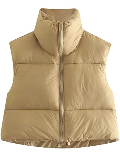 Hvewarm Womens Cropped Black Puffer Vest Lightweight Sleeveless Insulated Crop Outerwear Jacket(Khaki-L) #TOP24