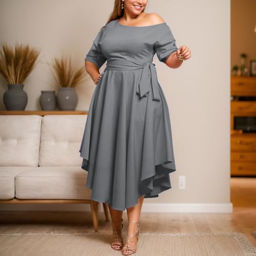 Image of Plus Size Women Wedding Guest Dress Off Shoulder Boat Neck Irregularly Flowy Midi Church Dress