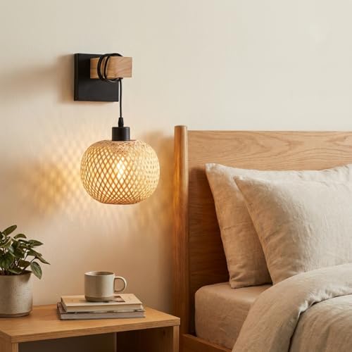 BARCELONA LED aplique de parede em vime e madeira natural com base em metal preto, estilo clássico vintage moderno e luxuoso, luz E27 interior minimalista para
