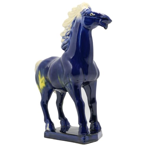 Ceramic Horse Sculpture -9 inch Hand Made Tang Tri-Color China Cultural Art Piece,Museum Collection Inspired Home and Office Decor (Blue)