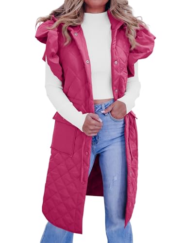 Tankaneo Womens Long Puffer Vests Fashion Ruffle Sleeve Quilted Gilet Coats Winter Hooded Down Jacket Vest