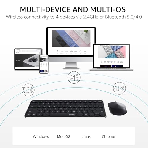 Image of Rapoo 9010M Multi-Device Keyboard and Mouse Combo, 2.4GHz /Bluetooth 5.0 /4.0 Wireless Keyboard & Mouse Set for Windows /Mac /Linux /Chrome, Support 4 Devices, Low-Profile Silent Click, Battery Powered