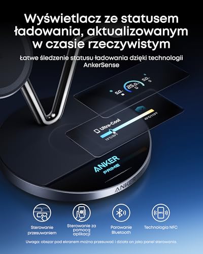 Anker Prime Ładowarka 3 w 1 zgodna z MagSafe, stacja ładowania bezprzewodowego z certyfikatem Qi2 25 W, z inteligentnym wyświetlaczem i aktywnym chłodzeniem TEC, do iPhone'a 17, Apple Watch, AirPods i