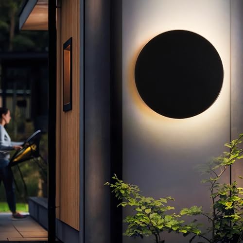 Image of Modern Round Outdoor Wall Sconce, 12W LED Wall Light 3000K Warm White, Black Aluminum Waterproof Exterior Light Fixture, Wall Mount Sconces for Porch, Entryway, Doorway and Indoor