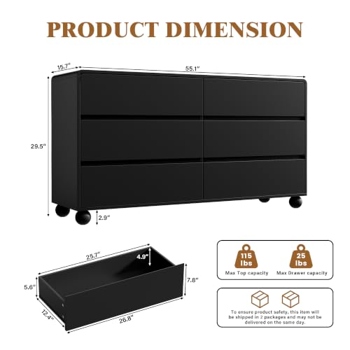 Image of Furniway 3 Piece Bedroom Set, 6 Drawer Dresser and 2 Drawer Nightstand Set of 2 with Round Legs, Modern Wood Chest of Drawers Storage Cabinet for Bedroom, Black