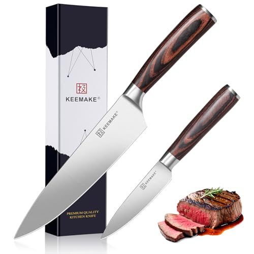 Image of KEEMAKE Professional Chef Knife Set 2 Pieces - Kitchen Knives High Carbon Stainless Steel Ultra Sharp Blade & Ergonomic Pakkawood Handle, Perfect for Meat Cutting, Vegetable Chopping & Culinary Gifts