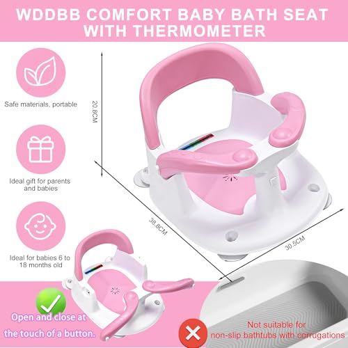 Image of Baby Bath seat for Babies 6 Months & up, 360 Stable Toddler Bath Chair with one-Touch Button, Back Hollow Design, Water Temperature Card & 4 Suction Cups for Safety (Pink)