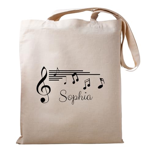 Image of Be Buz Personalized Name Music Tote Bag for Women Music Class Training Handbag Gift for Musicians Cotton Natural Reusable Piano Music Note Custom Music Tote Bag