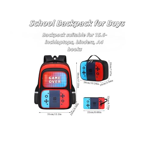 Gamer Backpack Set for Boys 4-12 - School Backpack for Boys,17 Inch 3-in-1 with Lunch Box & Pencil Case, Adj. Straps, Multi Compartment Video Game Backpack (Red)2