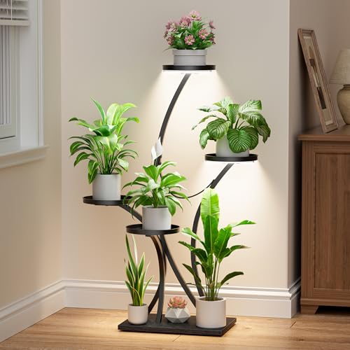 Image of BACEKOLL Plant Stand Indoor with Grow Lights - Plant Shelf Tree-Shaped, Lighted Corner Plant Stands for Indoor Growing, 5 Tiered Metal Flower Holder, Decorative Shelves for Home Hallway Black (Left)