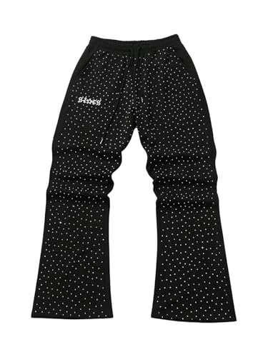 SOLY HUX Men's Y2k Sweatpants Sparkly Rhinestone Drawstring Elastic Waist Flare Pants Streetwear