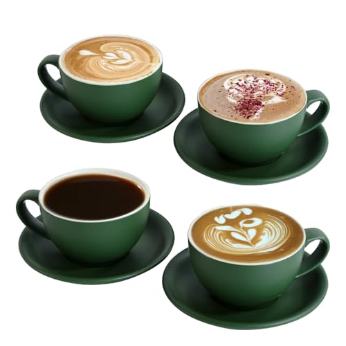 Yundu Matte Green Cappuccino Cups Set 4 x 300 ml. Ceramic Latte Mugs with Saucers Elegant Espresso Cups for Coffee & Tea
