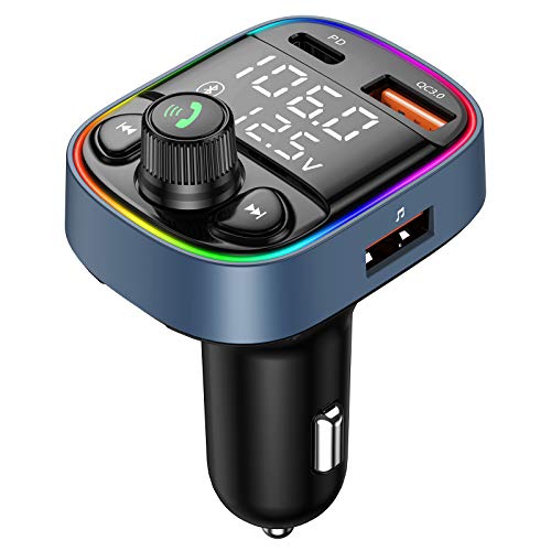 Bluetooth FM Transmitter for Car, V5.0 Bluetooth Car Adapter with QC 3.0 + PD 3.0 Fast Charger with LED Backlit, Hands-Free Calling Support U Disk/TF Card