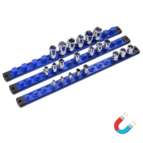 ALOANES Magnetic Socket Organizer Set, 3-Piece Heavy Duty Aluminum Socket Holder Socket Rail Organizer for Tool Box, 360° Swivel Clips Socket Rack 1/4, 3/8, 1/2-Inch x 40 Clips (Blue)
